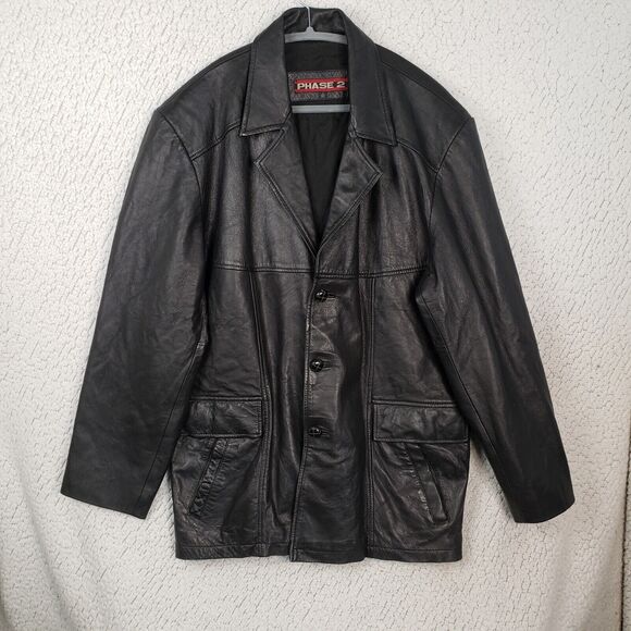 Vintage Phase 2 Leather Blazer Mens L Jacket Black 90s Grunge Y2K Gothcore 48x33